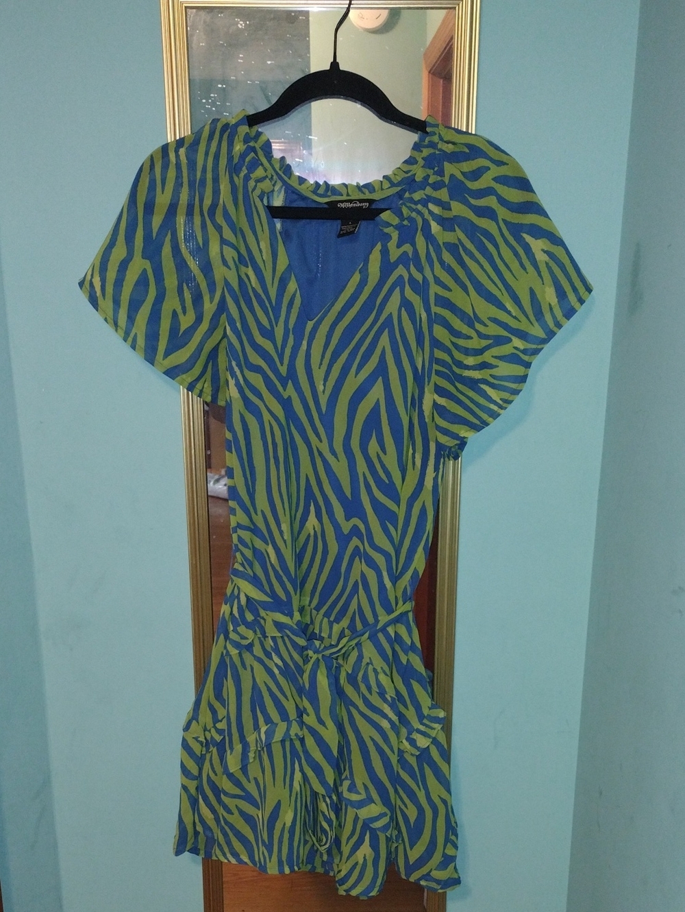 Zebra-Print Blue and Green Maxi Dress